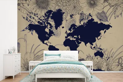 Produktbild von Weltkarten-Wandtapete - Blumen - Blau - Breite 525 cm x Höhe 350 cm