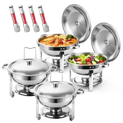 Produktbild von Chafing Dish Buffetwärmer Set - 4er Set rund - Edelstahl - 4 x 4,5 l - Mit Servierzange - Silber