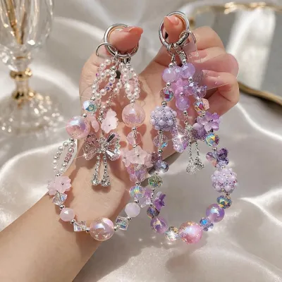 Produktbild von 2er Set Handykette Perlen Anhänger Rosa Lila, Schwestern Handy Charm mit Schleife & Schmetterling, Süßer Handgefertigter Handyanhänger für Mädchen