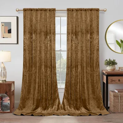 Immagine prodotto di Set da 2 tende in velluto con motivo floreale, oscuranti, con nastro multifunzionale, per camera da letto e soggiorno, marrone, L132 x A213 cm