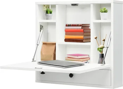 Image de Bureau rabattable - Table murale pliante - Gain de place - Avec compartiments de rangement - 60 x 15 x 57 cm - Blanc