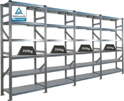 Produktbild von Fachbodenregal PROXIMO mit  Stecksystem | Komplettregal | HxBxT 210x360x40cm | 6 Ebenen | Beidseitig nutzbar | Verzinkt