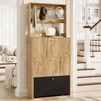 Image de Armoire à chaussures Merax avec 3 volets et 8 crochets, étagère à chaussures étroite, meuble à chaussures en bois avec espace de rangement, armoire à chaussures moderne pour le couloir, naturel + noir