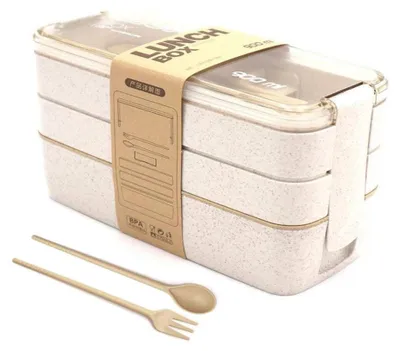Produktbild von Lunchbox 3 Fächer für Kinder und Erwachsene, auslaufsicher, Weizenstroh, mikrowellengeeignet, plastikfrei, BPA-frei, 900 ml, Büro, Schule, Picknick