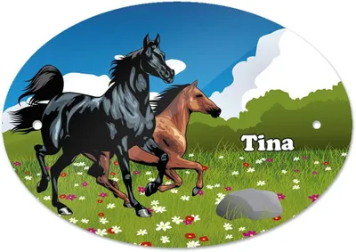 Produktbild von Türschild für das Kinderzimmer mit dem Namen Tina und Pferdemotiv für Mädchen