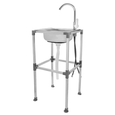 A freestanding stainless steel sink with a faucet on a white background.