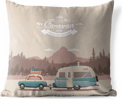 Produktbild von MuchoWow® Outdoor Kissen - Illustration eines alten Wohnwagens in den Bergen - 60x60 cm - Wetterfest - Lounge Kissen - Dekoration - Schlaf Kissen