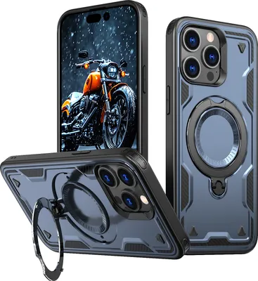 Produktbild von Dual Layer Hülle für iPhone 15 Pro Metall Ring Ständer Magnetisch Stoßfest Militär Handyhülle Blau