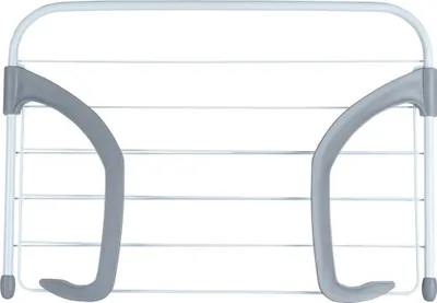 A white metal radiator drying rack with gray plastic grips.