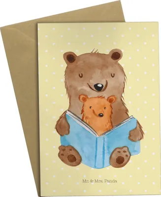 Produktbild von Mr. & Mrs. Panda Grußkarte Bären Buch - Gelb Pastell - Geschenk, Muttertag, Vorlesen, Dankbar, babykarte, Geschichten Oma, Beileidskarte, Omi, hochzeitskarten