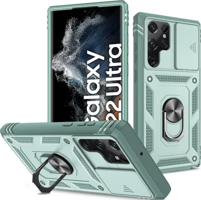 Produktbild von Galaxy S22 Ultra 5G Hülle, Schiebe Kamera Schutz Robust Rüstung Stoßfest Schutzhülle mit Ringhalterung Ständer Kartenhalter für Samsung Galaxy S22 Ultra 5G Rot
