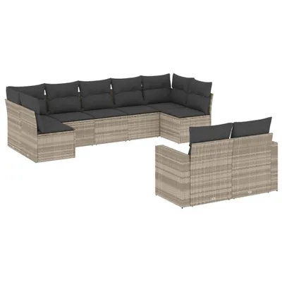 Produktbild von vidaXL 9-tlg. Garten-Sofagarnitur mit Kissen Hellgrau Poly Rattan