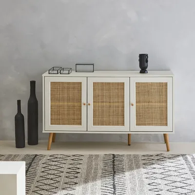 Produktbild von sweeek - Sideboard mit Holzoptik und Rohrgeflecht 120 cm - Antikweiß