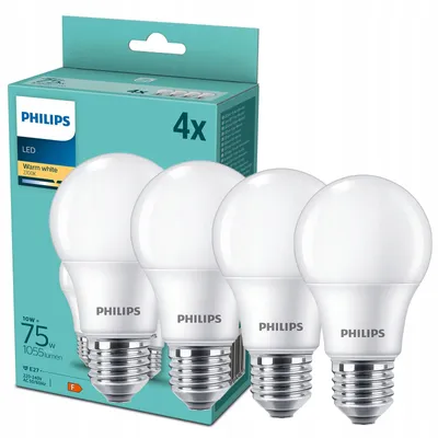 Zdjęcie produktu dla Philips Żarówka bańkowa 75 W A60 E27 x4, 10,5 W, 75 W, E27, 1055 lm, 15000 h, Ciepłe białe