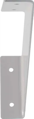 A white metal shelf bracket is shown against a white background.