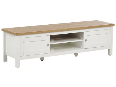 Produktbild von BELIANI TV-Möbel Cremeweiß MDF-Platte 140 x 39 x 41 cm 2 Offene Fächer 2 Türen Helle Holzoptik Schmal Skandi Modern Landhausstil Wohnzimmer Flur