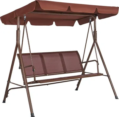 Produktbild von 3-Sitzer-Terrassenschaukelstuhl, Outdoor-Terrassenschaukel mit verstellbarem Sonnendach, Verandaschaukel mit Armlehnen, Teslin-Stoff und Rahmen aus legiertem Stahl, für Balkon, Hinterhof, Terrasse, Garten, Poolbereich, braun