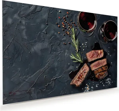 Produktbild von Glasbild 60x40cm in XXL für Wohnzimmer, Schlafzimmer Motiv Steak und Rotwein