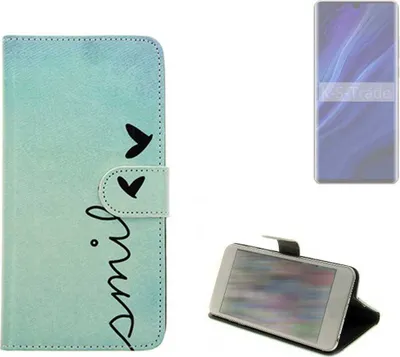 Produktbild von K-S-Trade Schutz Hülle Handy Hülle kompatibel mit Huawei P30 Pro New Edition Hülle Handyhülle cover bookstyle Etui Handyhülle ''smile'' türkis