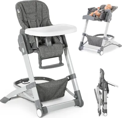 Produktbild von Klapbarer Kinderstuhl Grow Up - Hochstuhl mit Liegefunktion und verstellbarer Höhe - Geeignet für Baby und Kleinkind - Grau Melange