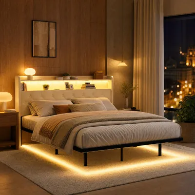 Obrázek produktu pro Postel BEALIFE s čalouněnou konstrukcí, rozměry 160x200 cm, s opěrkou, úložným prostorem a LED lištou | Kovová konstrukce, tmavě šedá/béžová | AF21