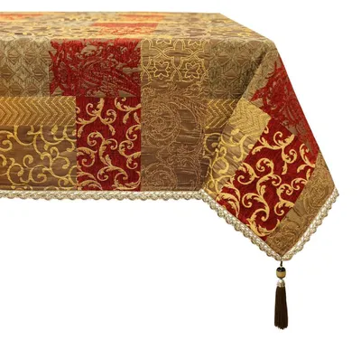 Immagine prodotto di Tovaglia rettangolare dorata e rossa con frange, 140x240 cm