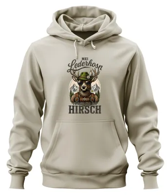 Produktbild von Mei Lederhosn trogt no da Hirsch Lederhose Hoodie Kapuzenpullover, Natur, XL