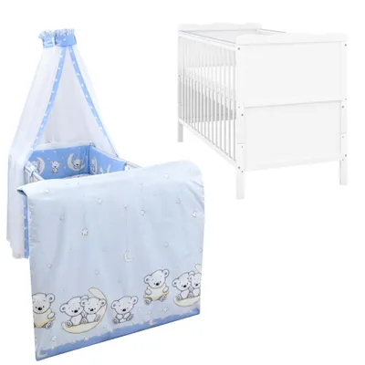 Produktbild von Baby-Delux Babybett Kinderbett Jack Umbaubar 140x70 Weiß Beißschienen Bettset Komplett mit Motiv Teddy Mond Blau