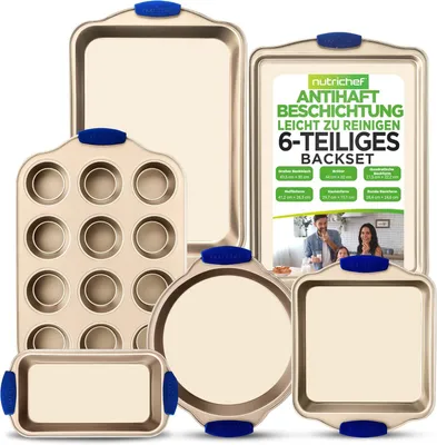 Produktbild von NutriChef 6-Teiliges Antihaft Backformen Set – Backform Set für Süßes als Kuchenform & Plätzchenblech oder Salziges – Kohlenstoffstahl bis 230°C, Runde