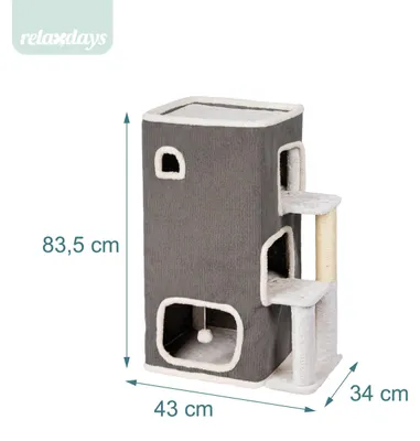 Produktbild von Relaxdays Katzenhaus 3-stöckig, Katzenhöhle mit Ball & Kratzbaum, HxBxT: 83,5x43x34 cm, Tierhöhle indoor, Stoff, grau