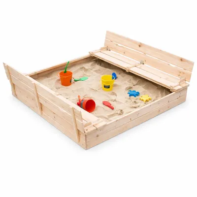 Produktbild von Großer Kindersandkasten aus Holz mit Bänken und Schutzabdeckung – GINGER HOME, 157 × 157 × 21 cm