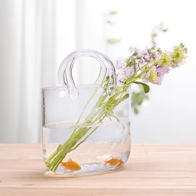 Produktbild von Glasvase für Blumen, Frühlingsdekoration, klare Tafelaufsatz, Handtaschenvase für Tisch, kleine Fischglas-Blumenvase, moderne Heimdekoration