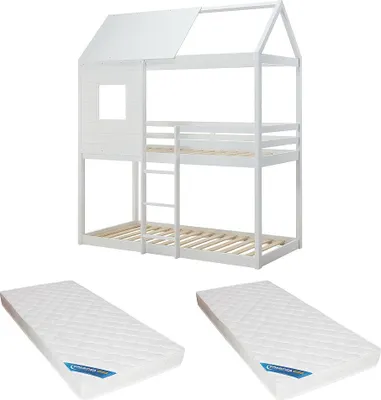 Produktbild von Etagenbett in Hausoptik + Matratze - 2 x 90 x 190 cm - Kiefer & MDF - Weiß - LIDOVARA