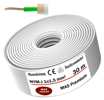 Zdjęcie produktu dla 30 m kabla odpornego na wilgoć Kabel zasilający w osłonie NYM-J 1x1,5 mm² Kabel elektryczny