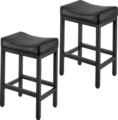 Two black bar stools are shown against a white background.