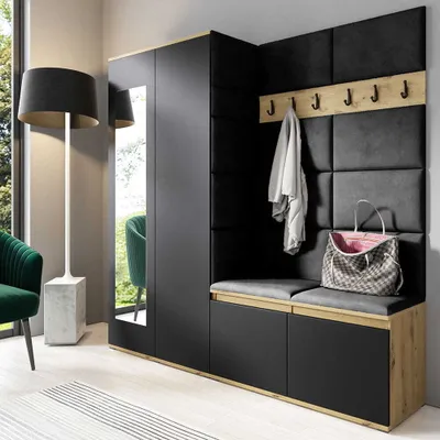 Produktbild von Garderoben-Set "CLEO", Moderner Kleiderschrank mit Polsterplatten und Schuhschrank – Ideal für Flur und Eingangsbereich (Artisan/Schwarz, Trinity 16)