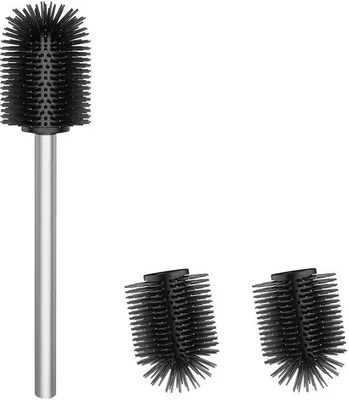 Produktbild von Unyqoos® Silikon WC-Bürsten-Set mit 3 Wechselköpfen, rostfreier Edelstahlgriff (304) gebürstet – 27 cm Griff, Bürstendurchmesser 7 cm, hygienische Toilettenreinigung