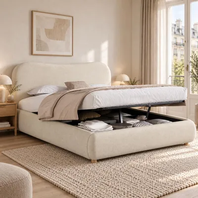 Productafbeelding van Flieks gestoffeerd bed 160x200 cm met gestoffeerd hoofdeinde, hydraulisch bed met opbergruimte en lattenbodem, tweepersoonsbed, houten bed, chenille, beige, AI-gegenereerde afbeelding