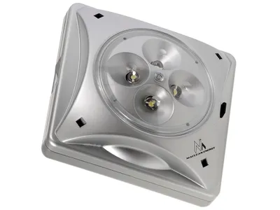 A silver solar lamp with four LED lights.