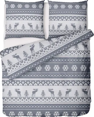 Produktbild von Biber Bettwäsche 135x200cm 100% Baumwolle Grau Weiß Christmas Motiv mit Reißverschluss - Winter & Ganzjährig - Kissen 80x80cm