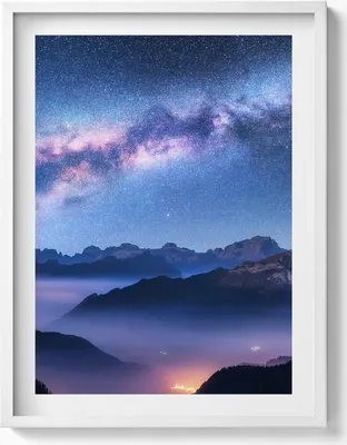 Produktbild von Sternenhimmel über den Bergen– Wandbild mit Rahmen – Gerahmtes Bild  – Wanddekoration – 60x80 cm –  Weiß Rahmen