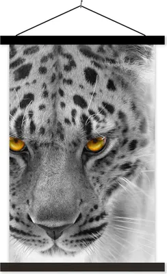 Produktbild von MuchoWow® Textilposter Leopard - Schwarz - Weiß - Gelb 60x90 cm mit schwarzem Rahmen - Poster Wohnzimmer