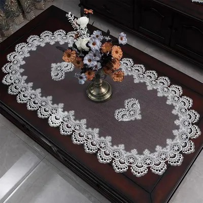 Immagine prodotto di Runner da tavolo ovale ricamato, 40x90 cm, copriletto in pizzo, tulle, bianco