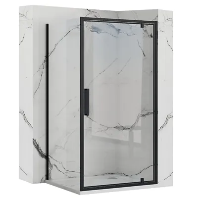 A corner shower enclosure with a black frame and glass door, set against a marble-patterned wall.