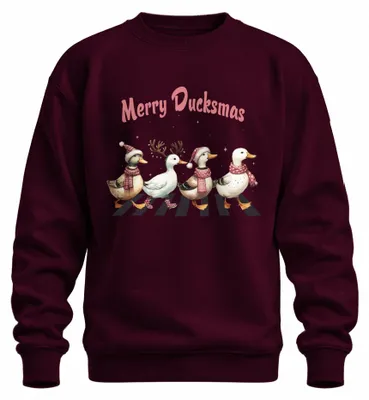 Imagen del producto de Suéter uni "Merry Ducksmas" para amantes de los patos, diseño de patos navideños, color burdeos, talla 3XL