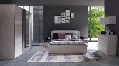 Produktbild von DESIGN MÖBEL DUSTIN – Schlafzimmer Set in Kloster und Schwarz glänzend mit Boxspringbett, Kleiderschrank, Kommode und Regal im modernen Design