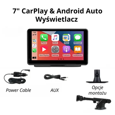Zdjęcie produktu dla 7" CarPlay & Android Auto Wyświetlacz – Bezprzewodowy Smart Screen Multimedialny z Ekranem Dotykowym, Uchwyt 360°, Sterowanie Głosowe & AUX