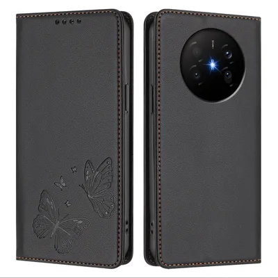 Obrázek produktu pro Kožené pouzdro pro Huawei Mate 70 Air, motýlí ražbou, peněženkové flip pouzdro se stojánkem Černá