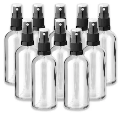 Produktbild von 10x Klare Glasflasche 100 ml mit schwarzem Zerstäuber Sprühkopf Spray