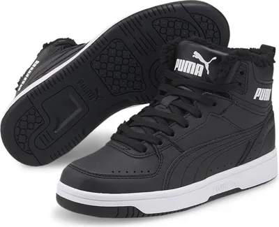 A pair of black Puma high-top sneakers with white soles and white Puma logos.